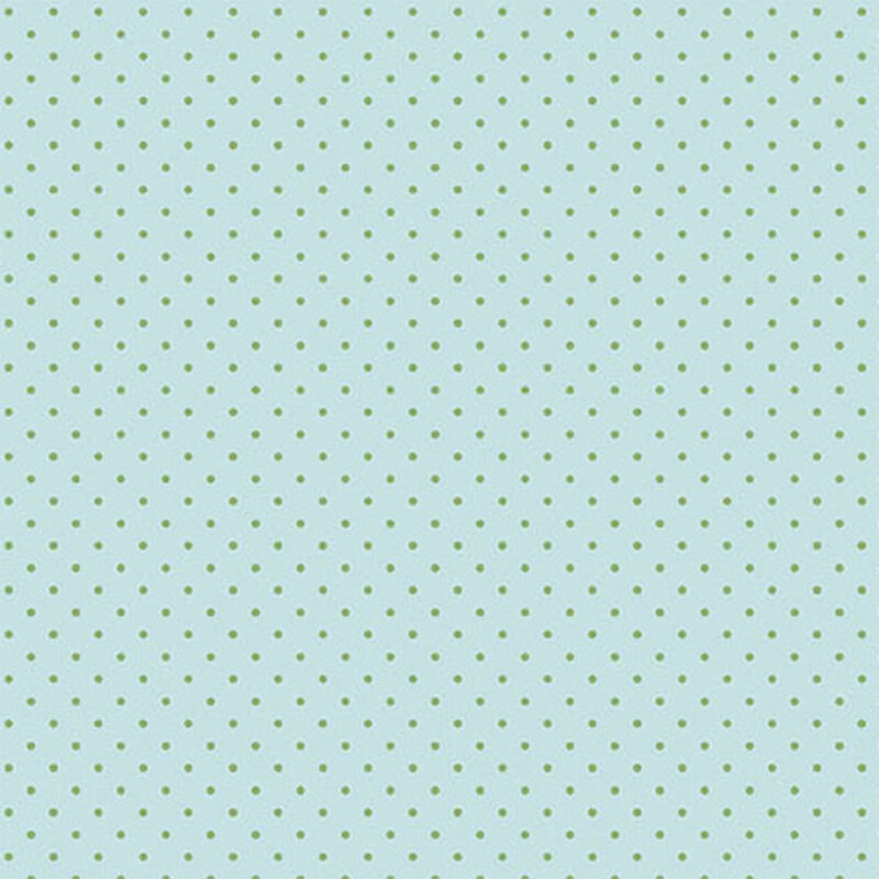 Light blue fabric with evenly spaced green polka dots.