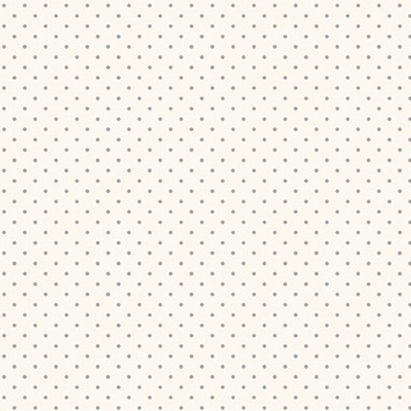 White fabric with evenly spaced, small grey polka dots.