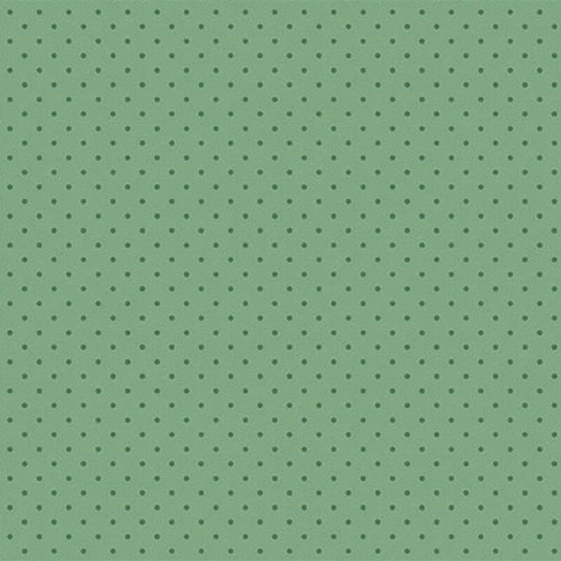 Green fabric with evenly spaced dark green polka dots.