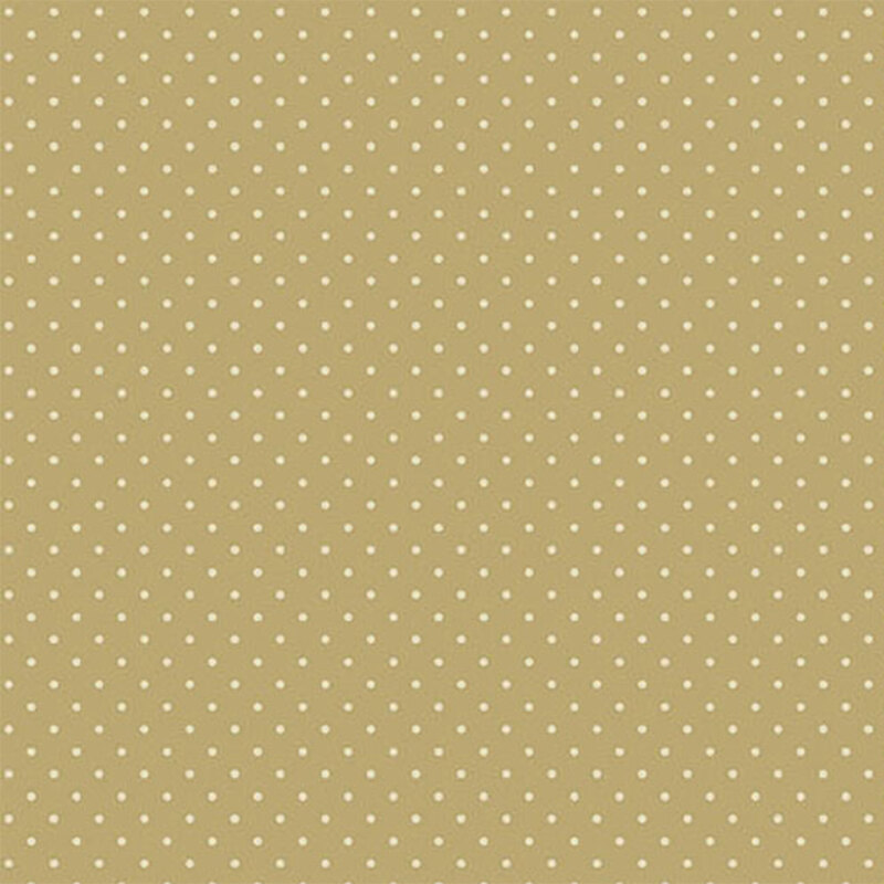 A fabric in muted yellow with evenly spaced white polka dots.