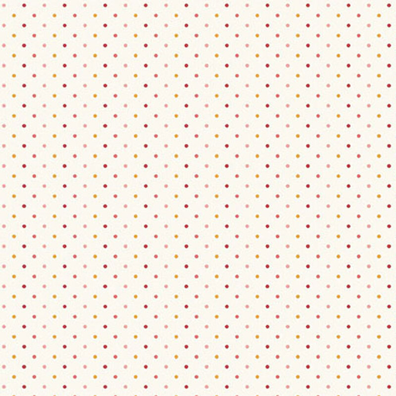 A light cream background with a repetitive pattern of red and yellow dots.