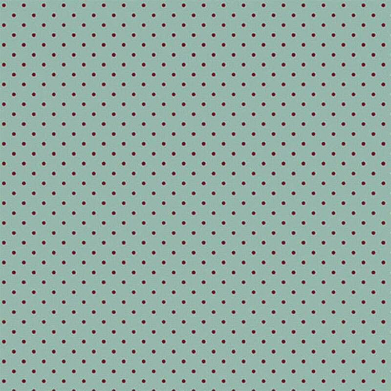 Light teal Fabric with a pattern of evenly spaced red polka dots.