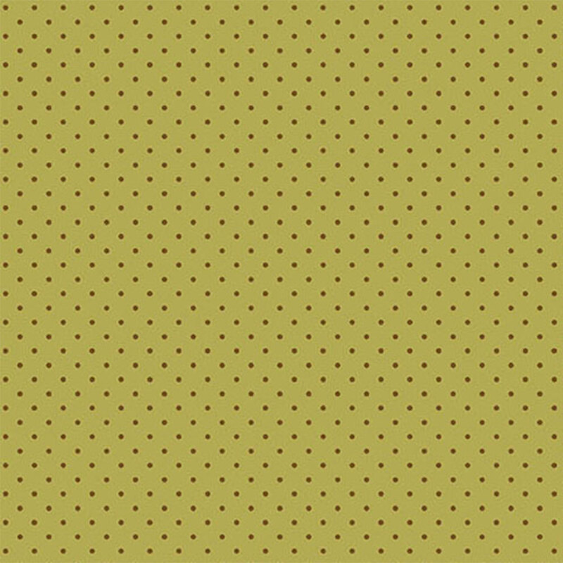 Olive green fabric with evenly spaced small brown polka dots.