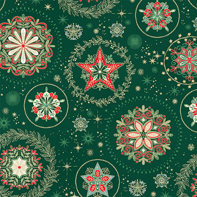 Green patterned fabric featuring festive stars and floral designs in red and white.