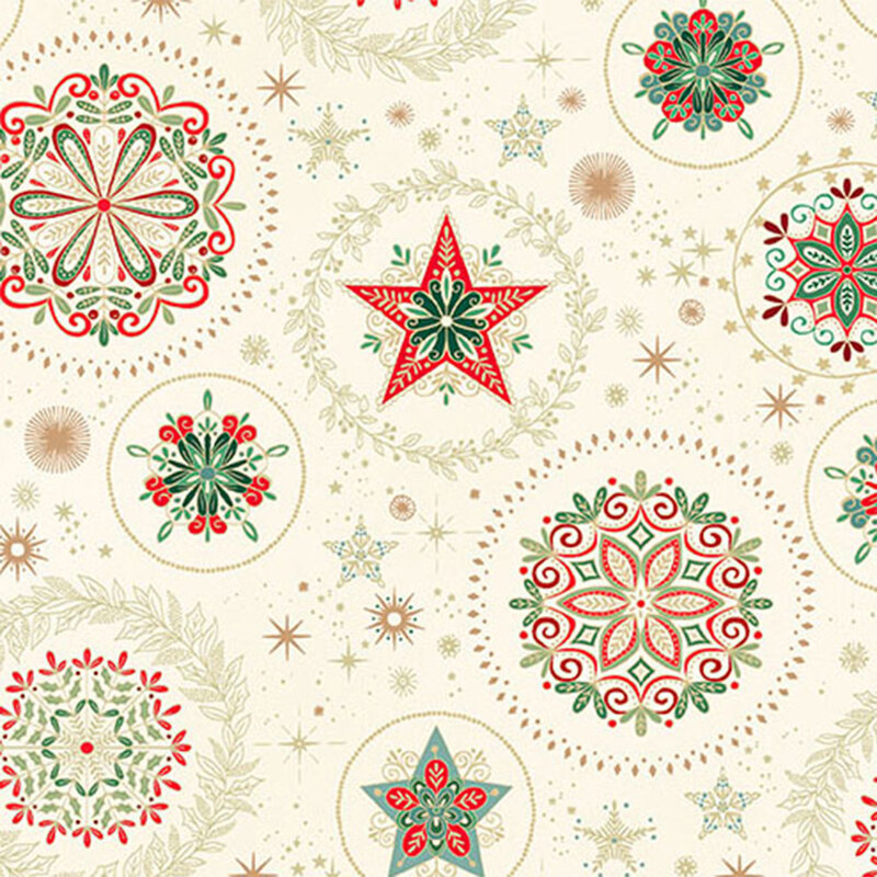 A festive patterned fabric featuring red and green stars, flowers, and circular motifs on a cream base.