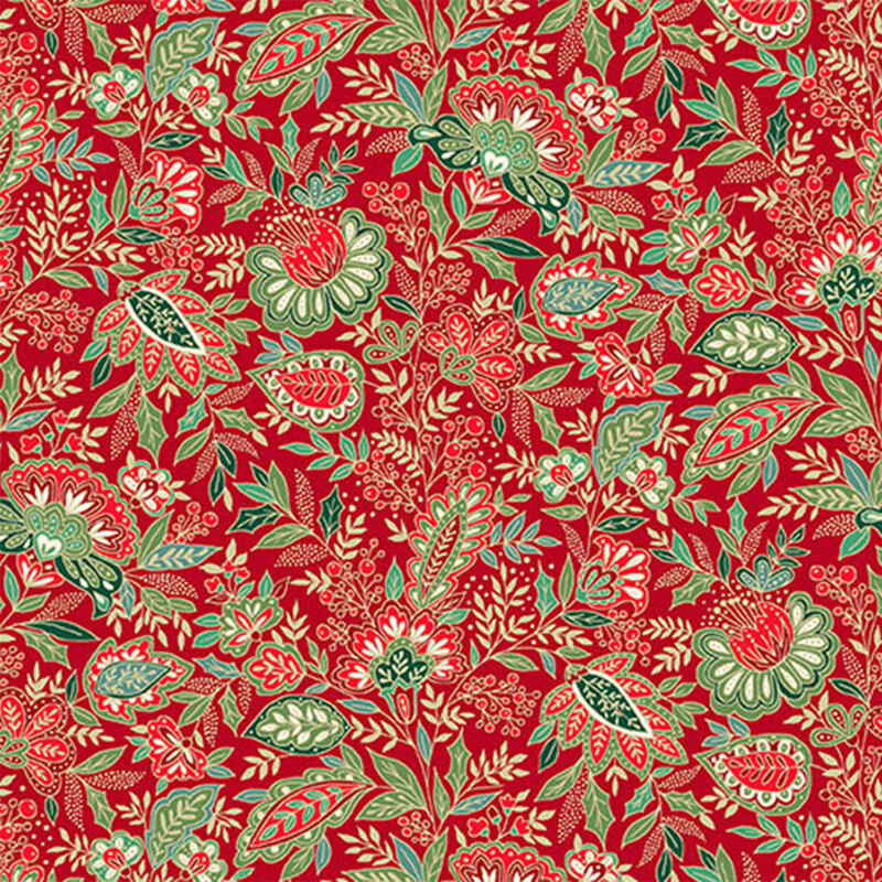 Red floral fabric featuring intricate green leaves and colorful flowers in a repeating pattern.