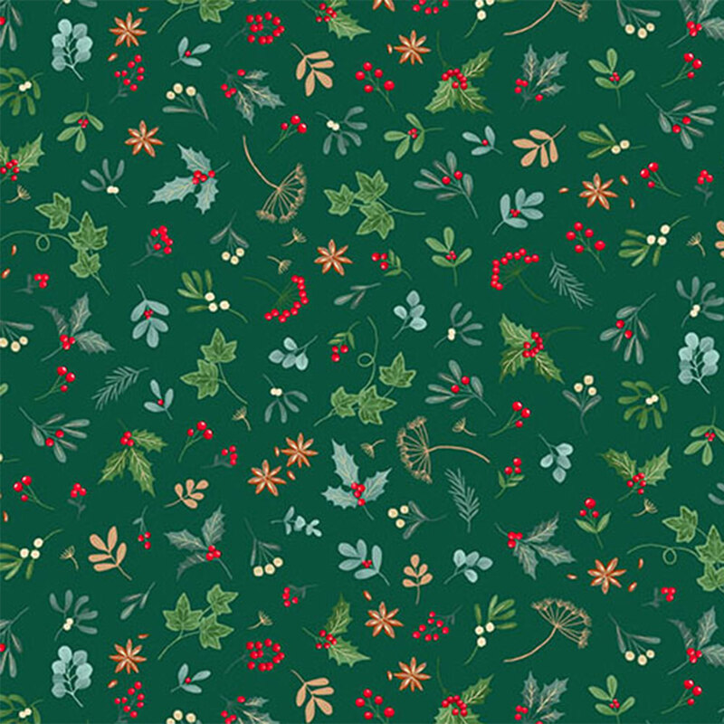 Pattern of various green leaves, berries, and flowers on a dark green fabric.