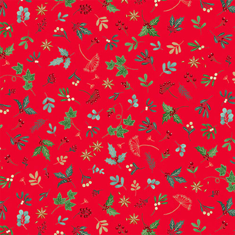 Red floral fabric featuring various leaves and berries in green, white, and pink tones.