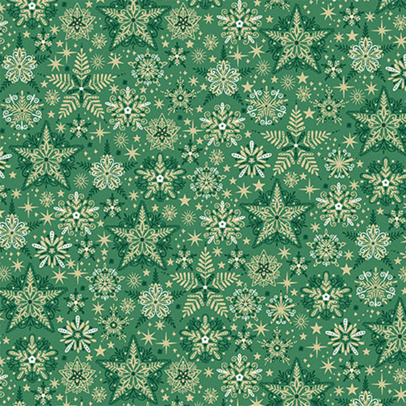 A green fabrics filled with various stars and floral patterns in light cream and gold accents.