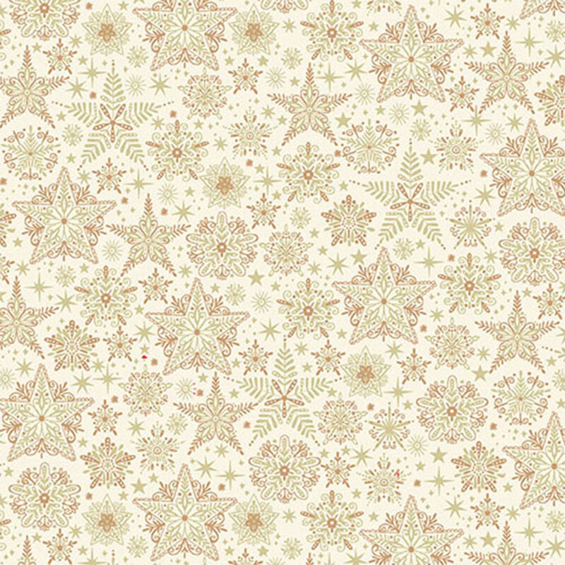 Repeating fabric pattern of stars and snowflakes in soft beige and cream tones on a light background.