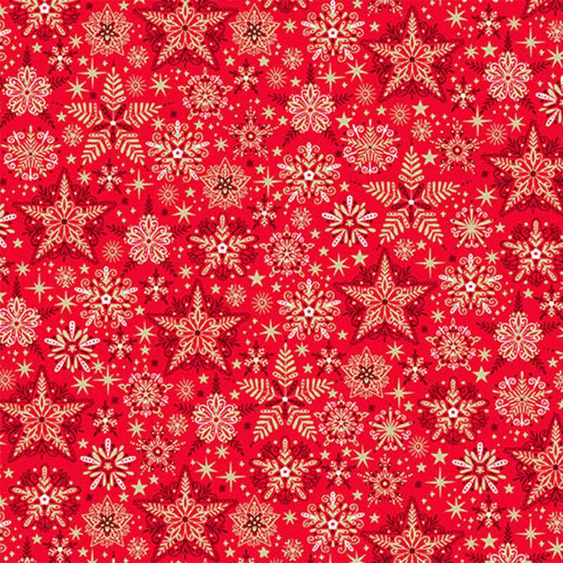 Red fabric featuring a pattern of gold snowflakes and stars on a bright red background.