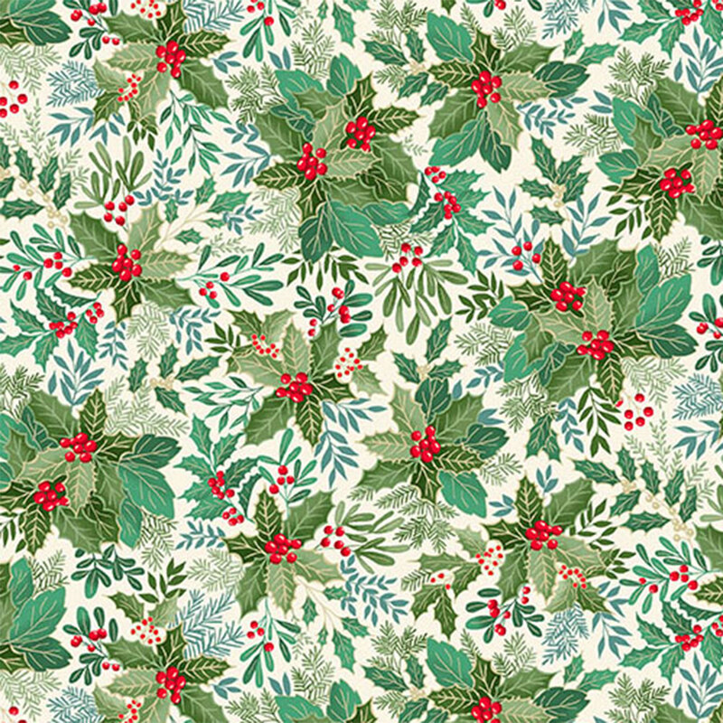 Fabric pattern of green leaves and red berries on a light background, resembling festive winter foliage.