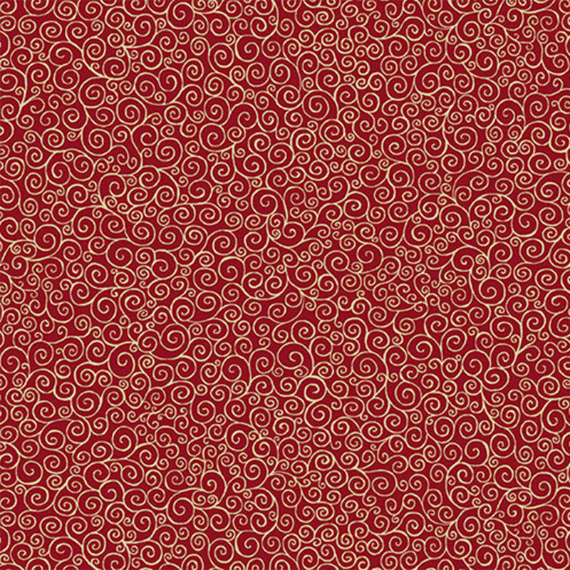 Red fabric with intricate gold swirls creating a decorative pattern.