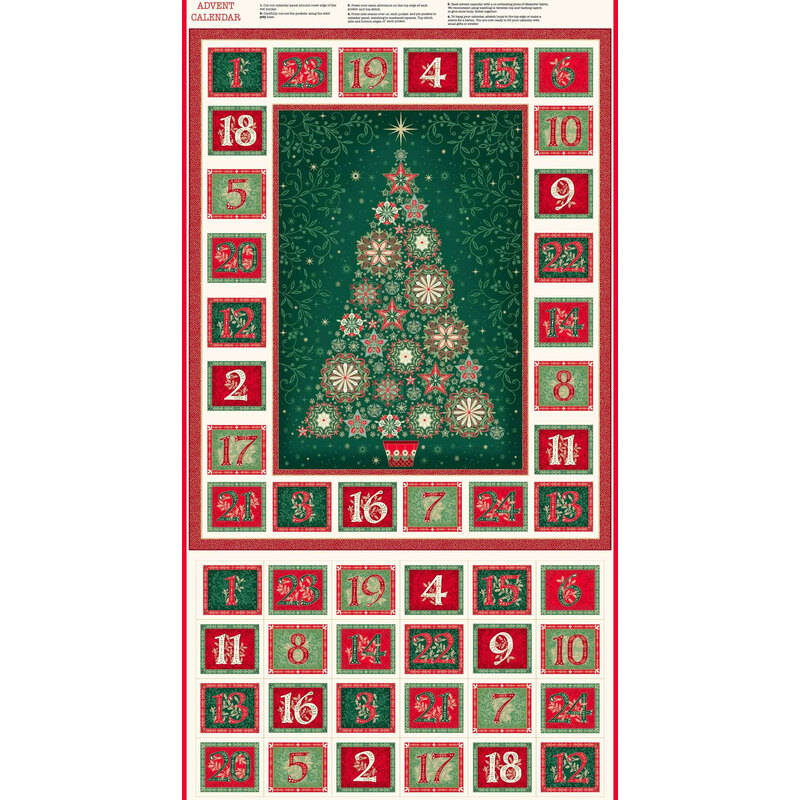 Advent calendar panel design featuring a decorated Christmas tree with numbered windows, set against a green background.