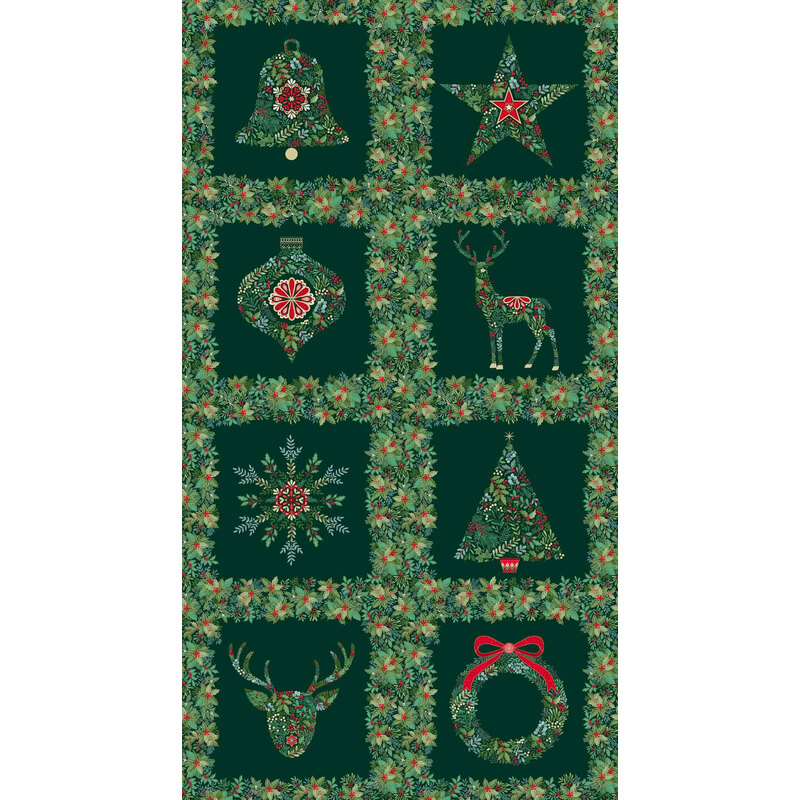 A patterned Christmas fabric featuring bells, stars, ornaments, reindeer, trees, and wreaths on a green background.