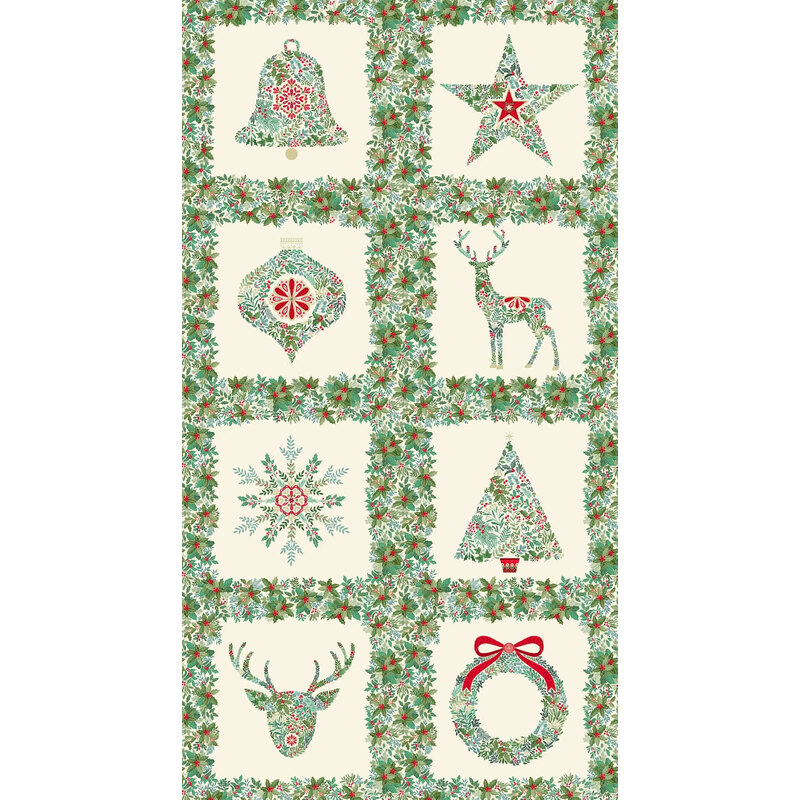 A festive pattern featuring Christmas symbols: a bell, star, deer, snowflake, tree, and wreath.