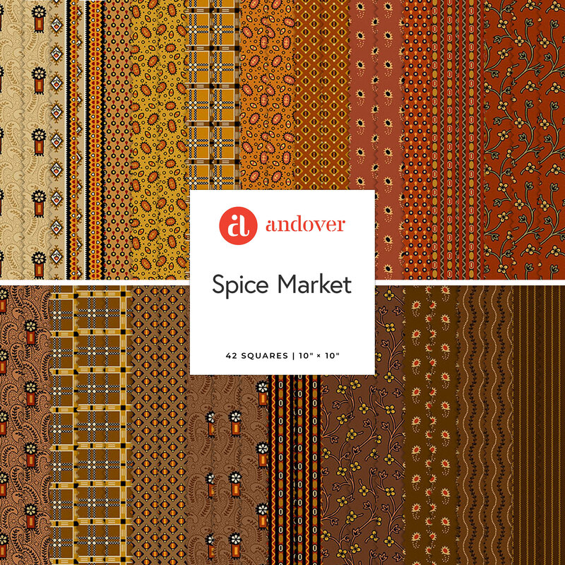 Colorful fabric swatches featuring diverse patterns in warm tones, labeled Spice Market by Andover.