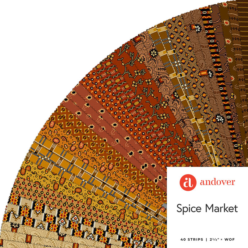 A vibrant fabric featuring intricate patterns in warm colors, labeled Spice Market by Andover.