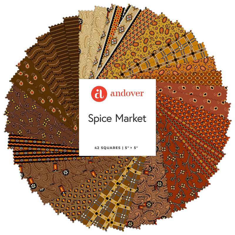 Colorful fabric swatches in warm tones arranged in a circular pattern, labeled Spice Market.