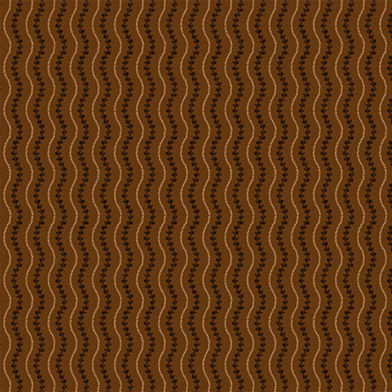 Wavy brown patterned fabric with cream leaf motifs in a repeating design.