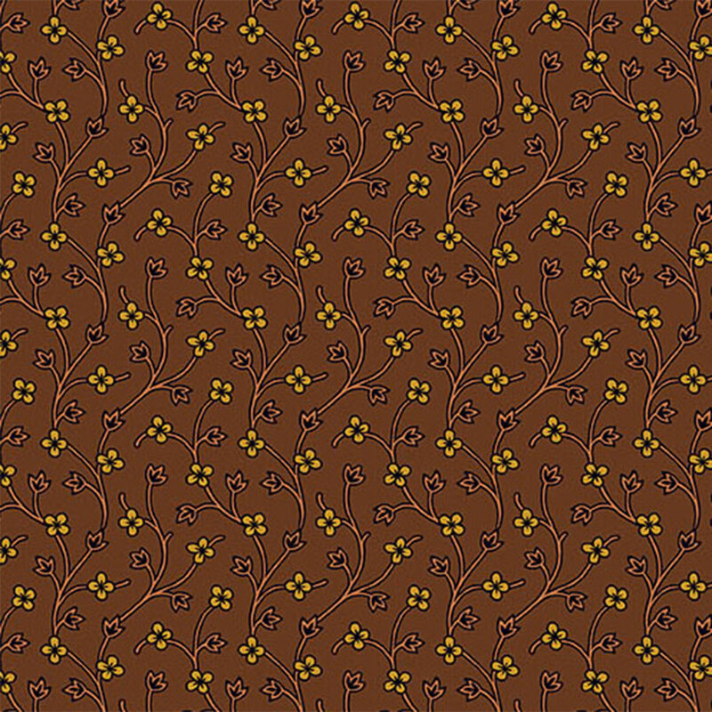 A repeating pattern of yellow flowers and pink vines on a brown background.