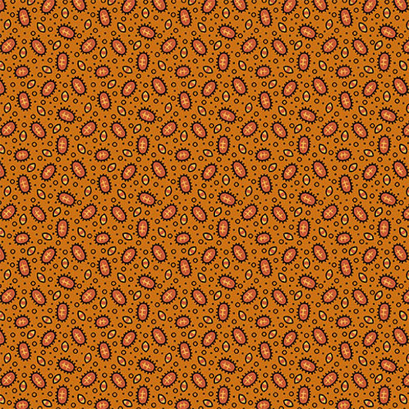 Textured pattern of oval shapes in red and black on a vibrant orange background.