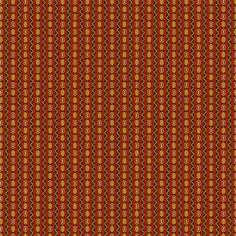 Red and yellow geometric pattern with vertical stripes and circular designs.