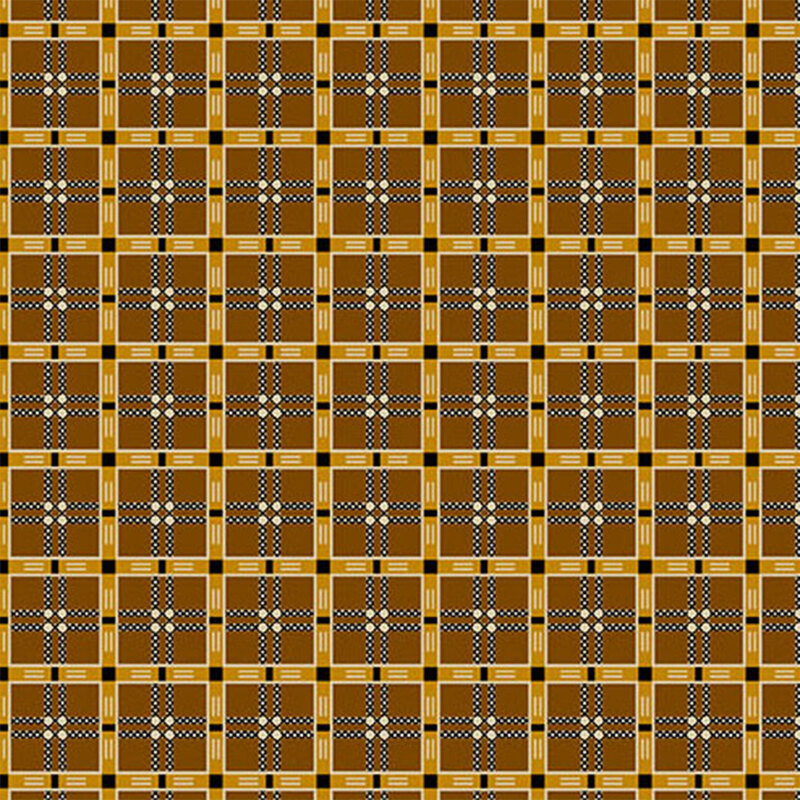 Pattern of interconnected squares in yellow, black, and white, forming a grid-like design.