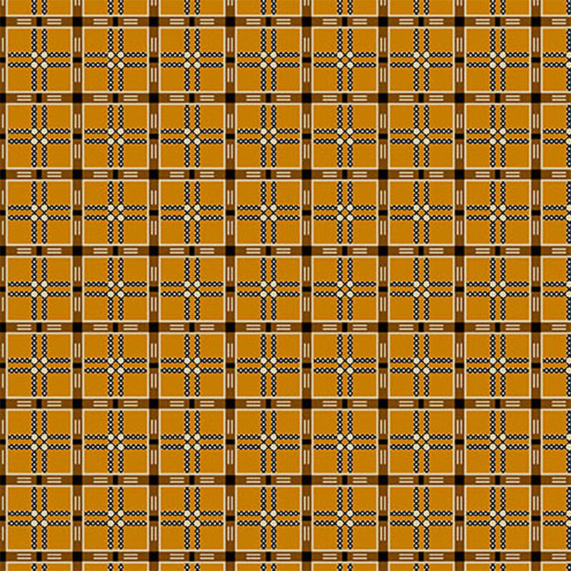 Repeating geometric pattern featuring orange and brown squares with blue accents and black lines.