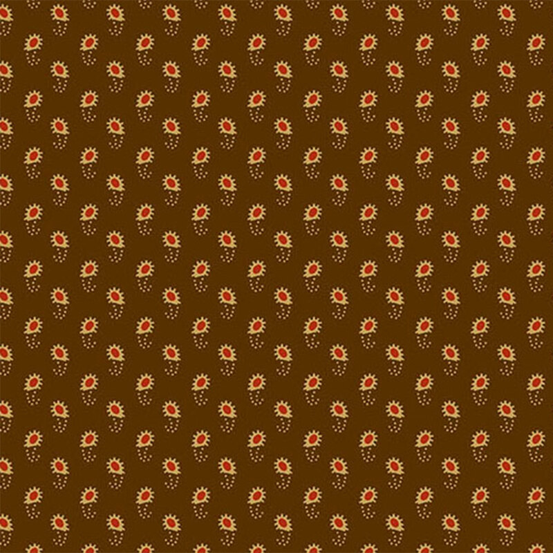 Brown textile pattern featuring small red flowers with white accents arranged evenly.