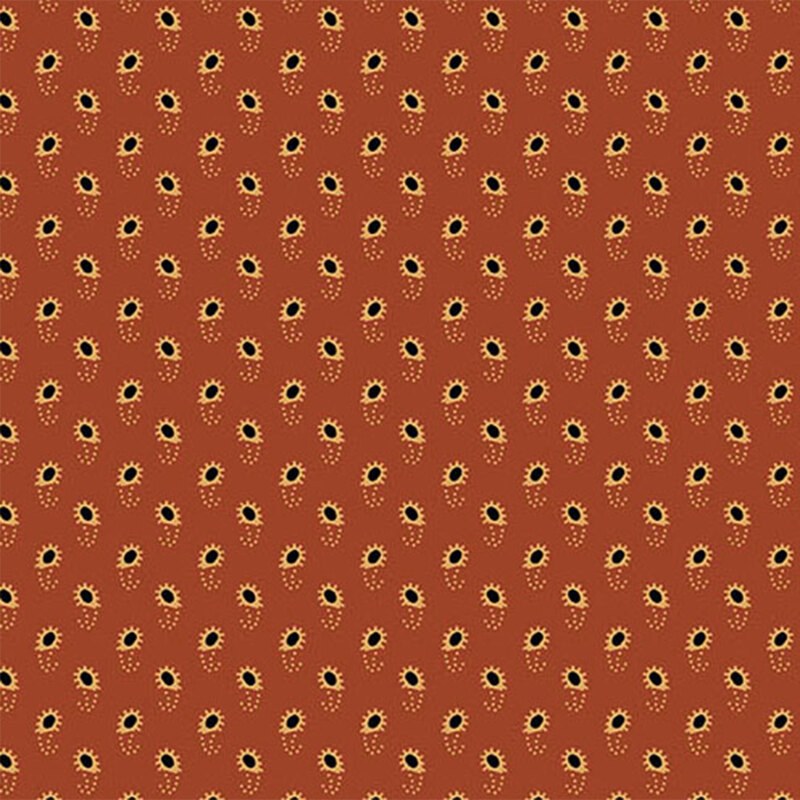 A repeating pattern of small sunflowers on a rust-colored background.