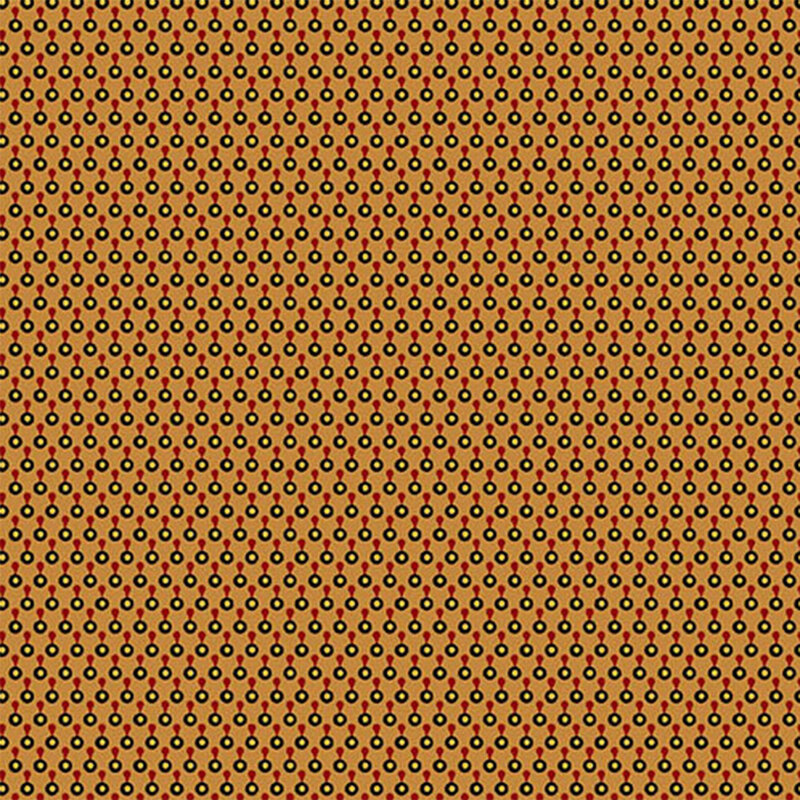 Repeating pattern of small green circles with black outlines on a textured orange-brown background.