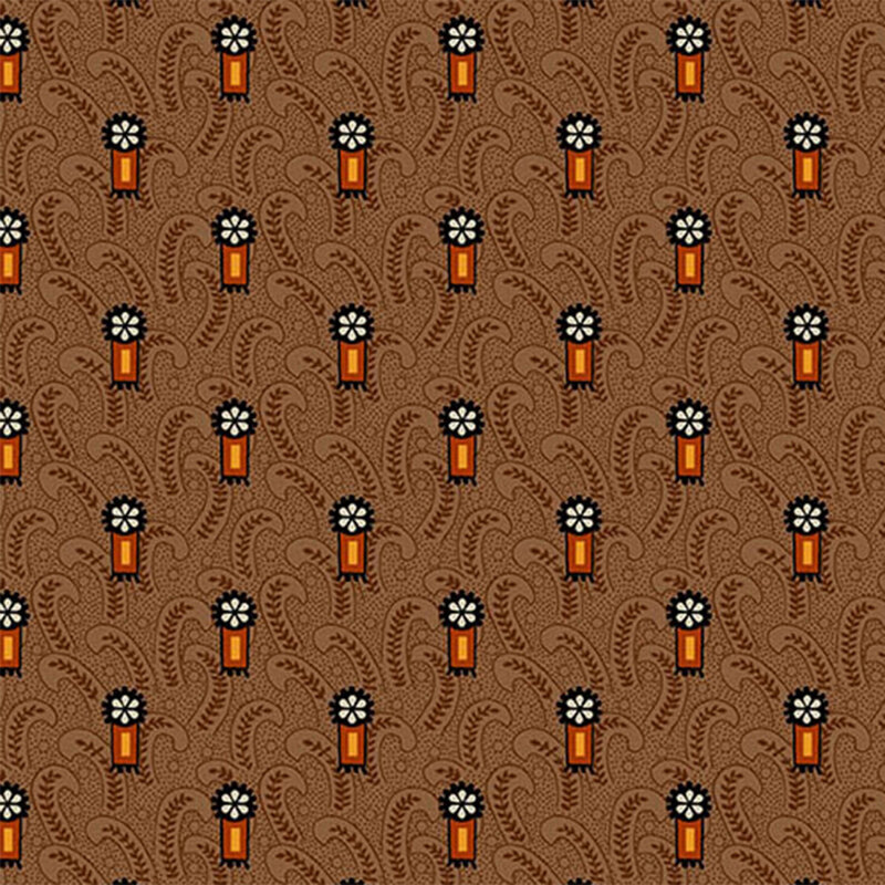 Pattern featuring orange pots with white flowers on a brown background with swirling designs.