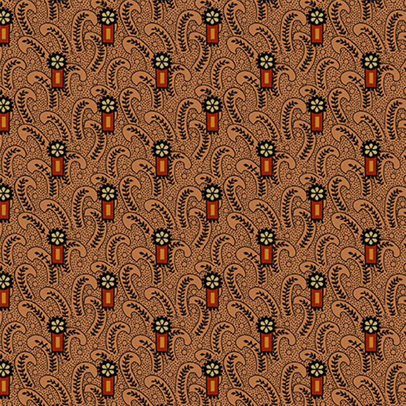 An intricate patterned fabric featuring curved lines, flowers, and lantern designs on a warm brown background.