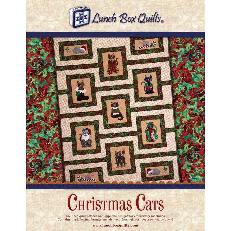 Quilt design featuring festive cat and Christmas motifs on a decorative background. Machine Embroidery CD