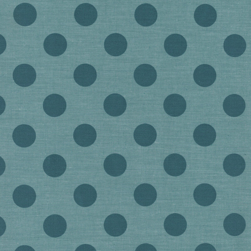 Aqua fabric fabric with dark teal polka dots.