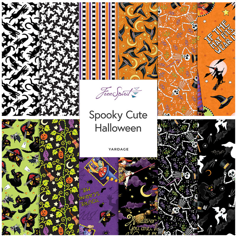 A collage of all the black, purple, orange, and green Halloween fabrics in the Spooky Cute Halloween collection.