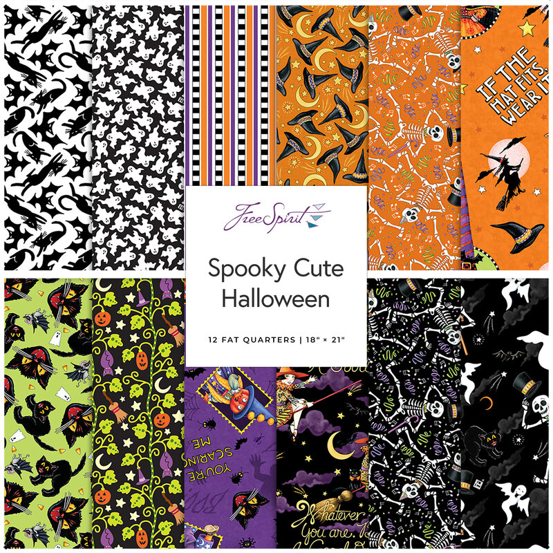 A collage of all the black, purple, orange, and green Halloween fabrics in the Spooky Cute Halloween FQ Set.