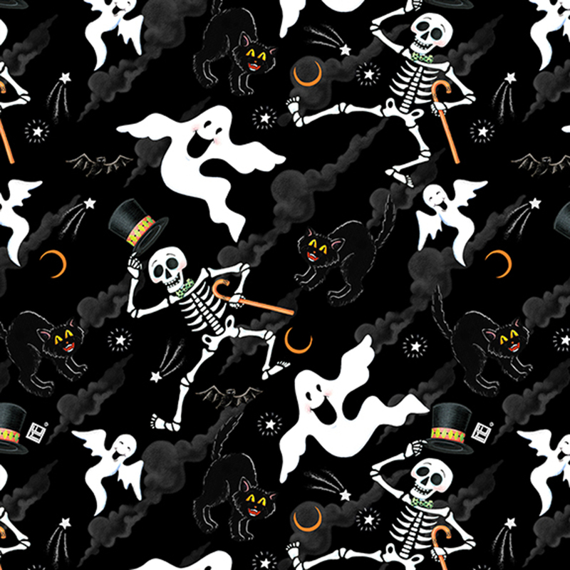 Black fabric with excited ghosts, dancing skeletons, and hissing black cats scattered amongst dark clouds.