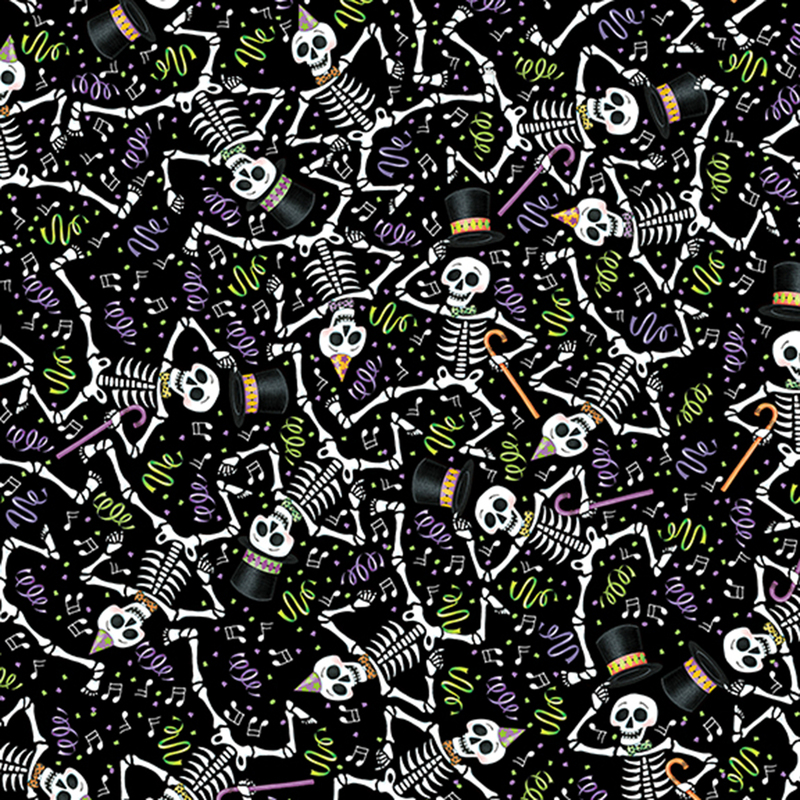 Black fabric with a packed design of dancing skeletons and colorful confetti and music notes scattered across the background.