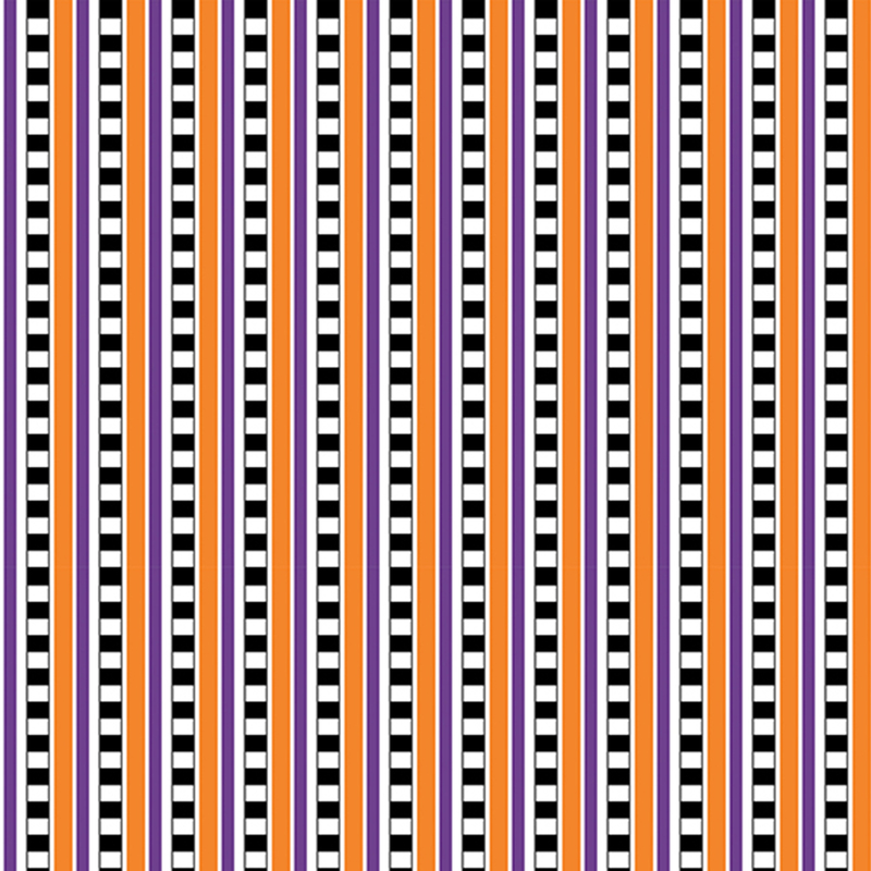 Vertical striped fabric with alternating black, white, orange, and purple stripes.