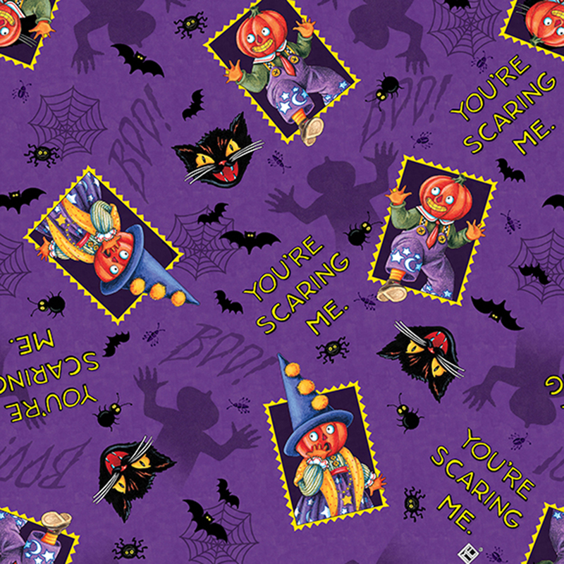 Purple fabric with a shadowed background of spooky pumpkin figures, spiderwebs, and the word 