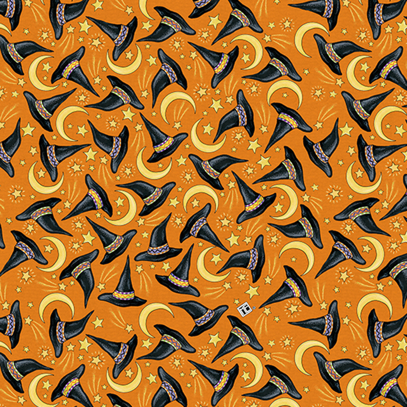 Muted orange fabric with tossed witch hats amongst crescent moons and stars.