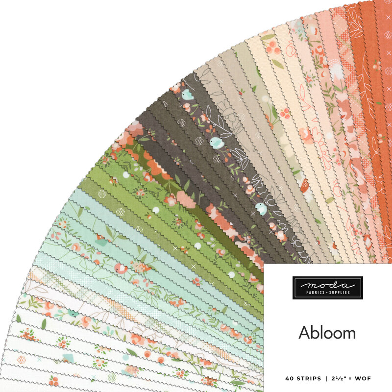 A circular arrangement of 40 fabric strips in various floral patterns and colors labeled Abloom.