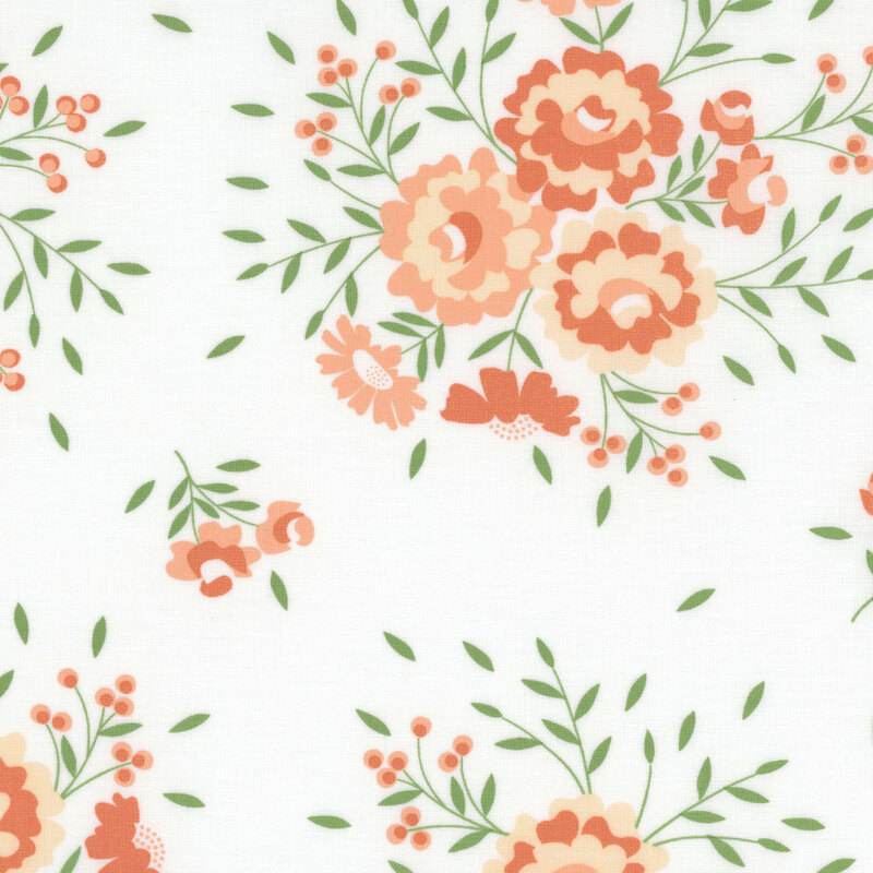 Floral fabric pattern featuring peach and coral flowers with green leaves on a white background.