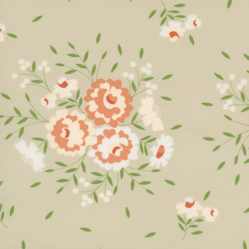 Floral pattern featuring pink, white, and green flowers on a light green background.