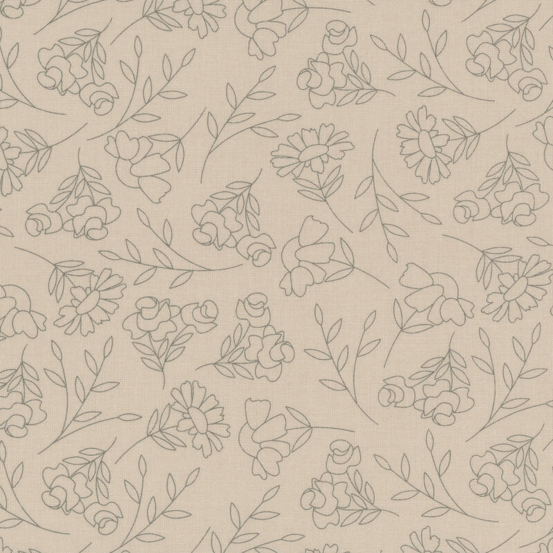 Light beige background with a repeating pattern of outlined flowers and leaves in muted tones.