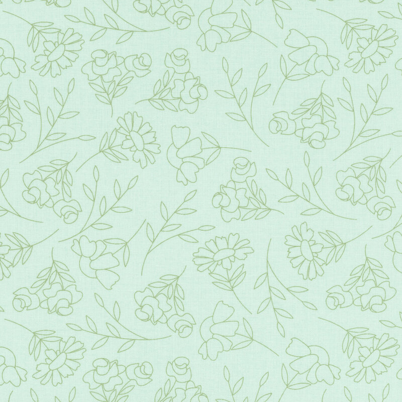 Light green fabric with a delicate, repetitive floral pattern featuring various flowers and leaves.