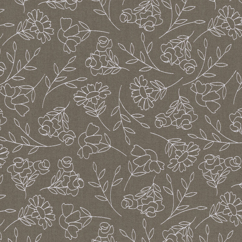 A floral pattern featuring white line-drawn flowers and leaves on a muted brown background.