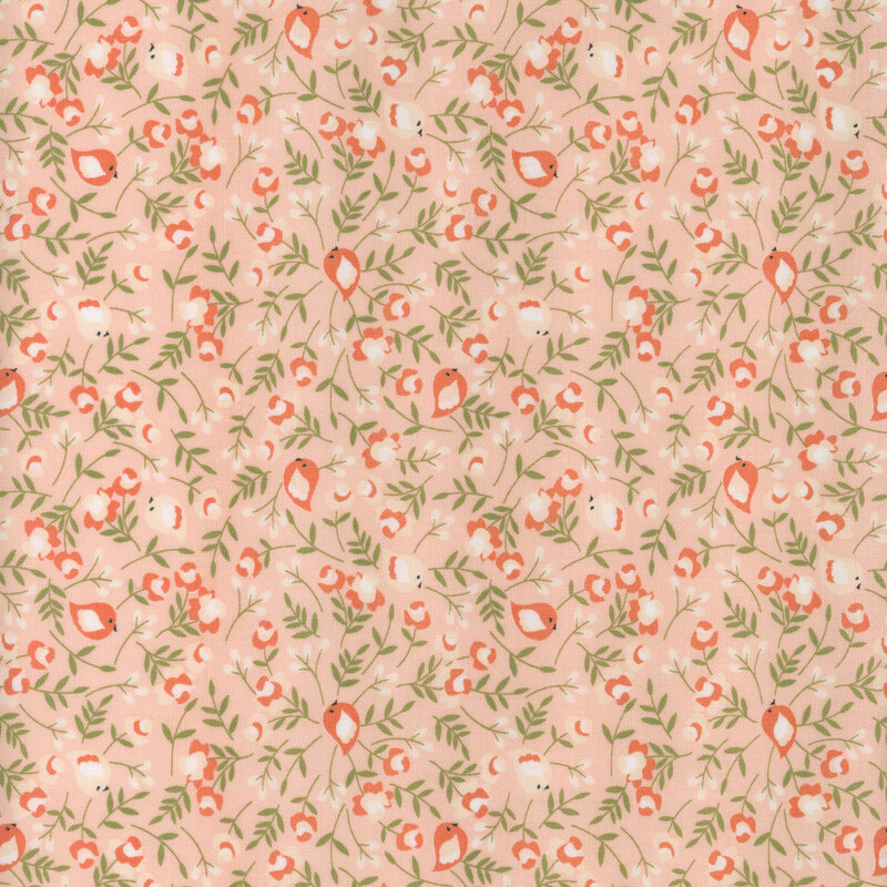 Floral pattern featuring small pink and orange flowers with green leaves on a light background.